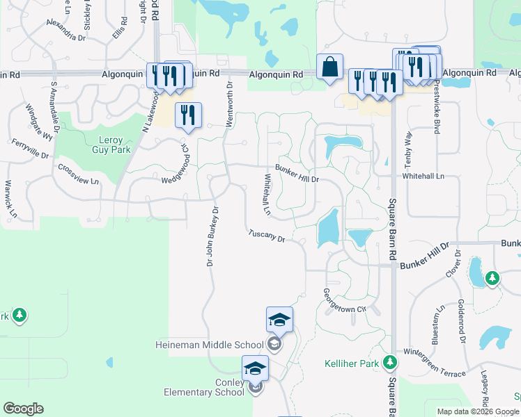 map of restaurants, bars, coffee shops, grocery stores, and more near 4560 Whitehall Lane in Algonquin