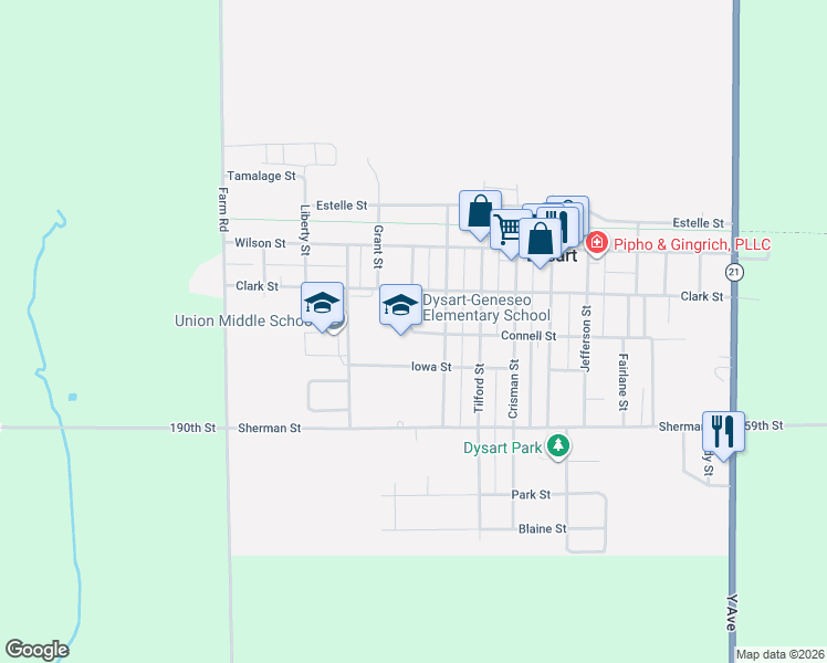 map of restaurants, bars, coffee shops, grocery stores, and more near 999 Connell Street in Dysart