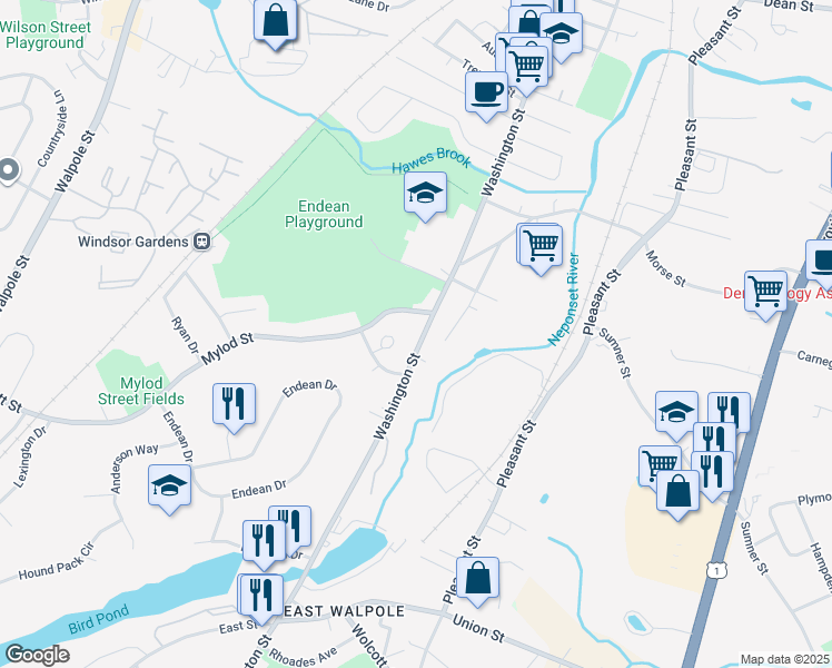 map of restaurants, bars, coffee shops, grocery stores, and more near 1363 Washington Street in Norwood
