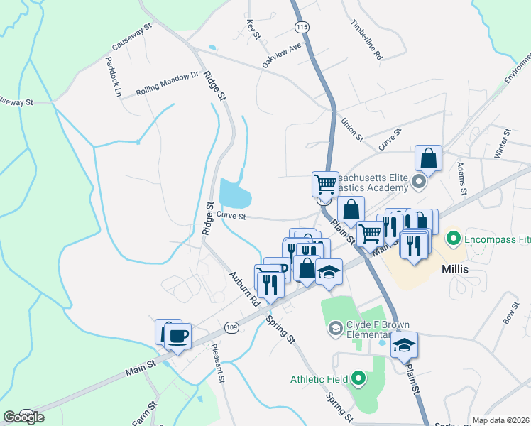 map of restaurants, bars, coffee shops, grocery stores, and more near 217 Curve Street in Millis