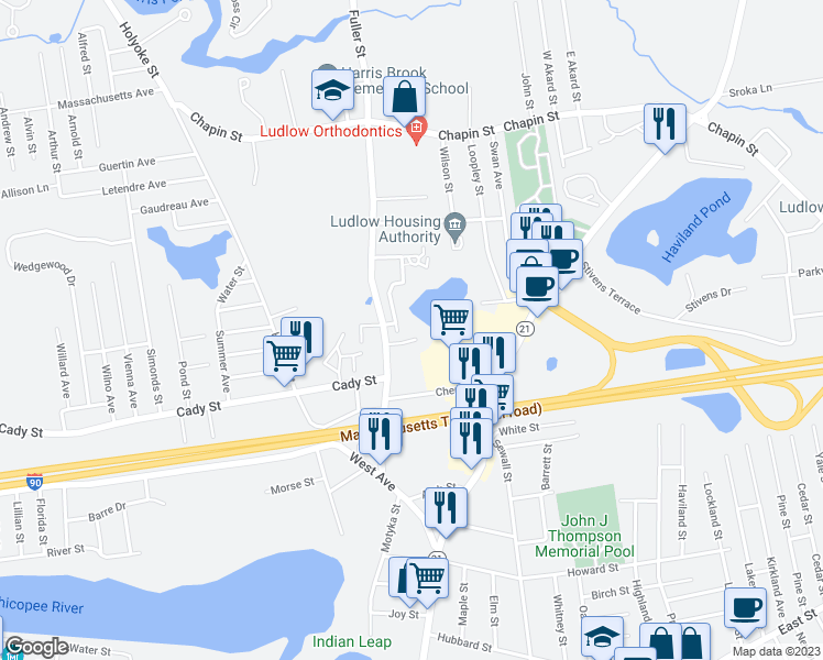 map of restaurants, bars, coffee shops, grocery stores, and more near Waters Edge Drive in Ludlow