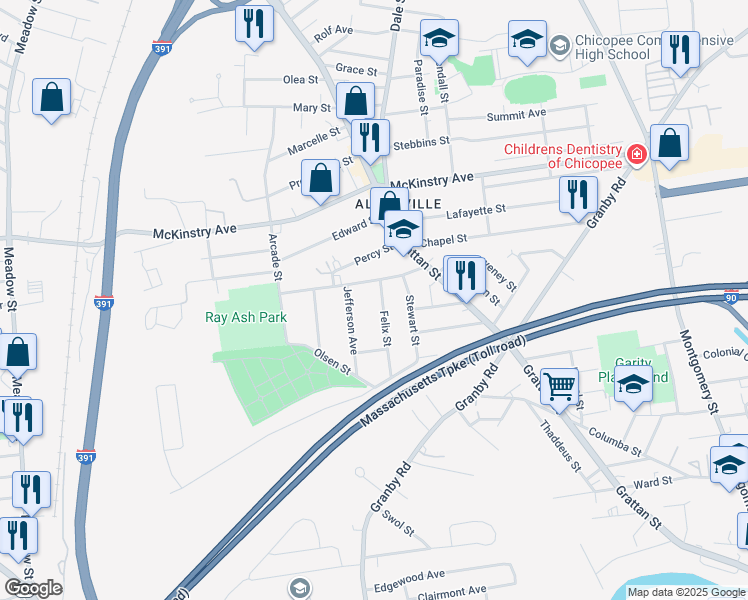 map of restaurants, bars, coffee shops, grocery stores, and more near 25 Felix Street in Chicopee