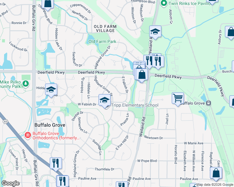 map of restaurants, bars, coffee shops, grocery stores, and more near 968 Cumberland Lane in Buffalo Grove