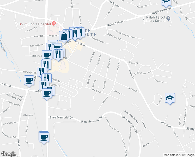 map of restaurants, bars, coffee shops, grocery stores, and more near 46 Clark Rd in Weymouth