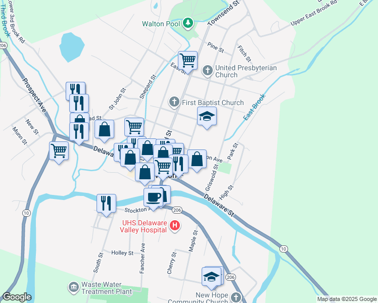 map of restaurants, bars, coffee shops, grocery stores, and more near 1 Benton Avenue in Walton