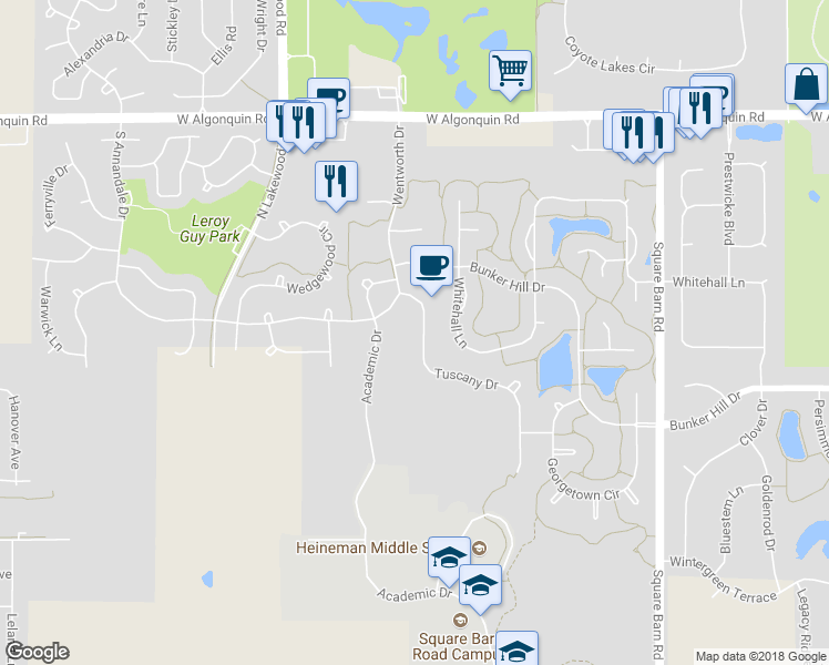 map of restaurants, bars, coffee shops, grocery stores, and more near 450 Tuscany Drive in Algonquin