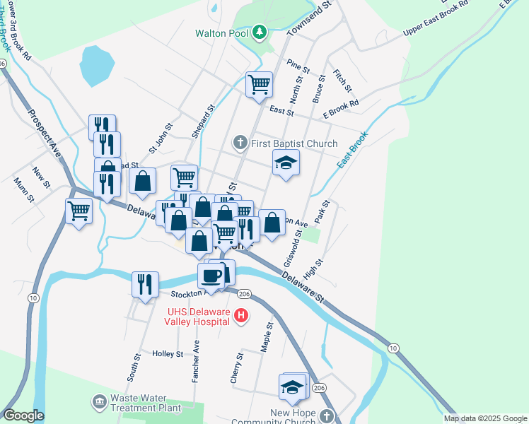 map of restaurants, bars, coffee shops, grocery stores, and more near 17 Benton Avenue in Walton