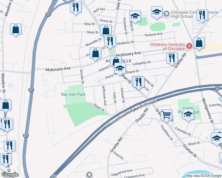 map of restaurants, bars, coffee shops, grocery stores, and more near 25 Felix Street in Chicopee