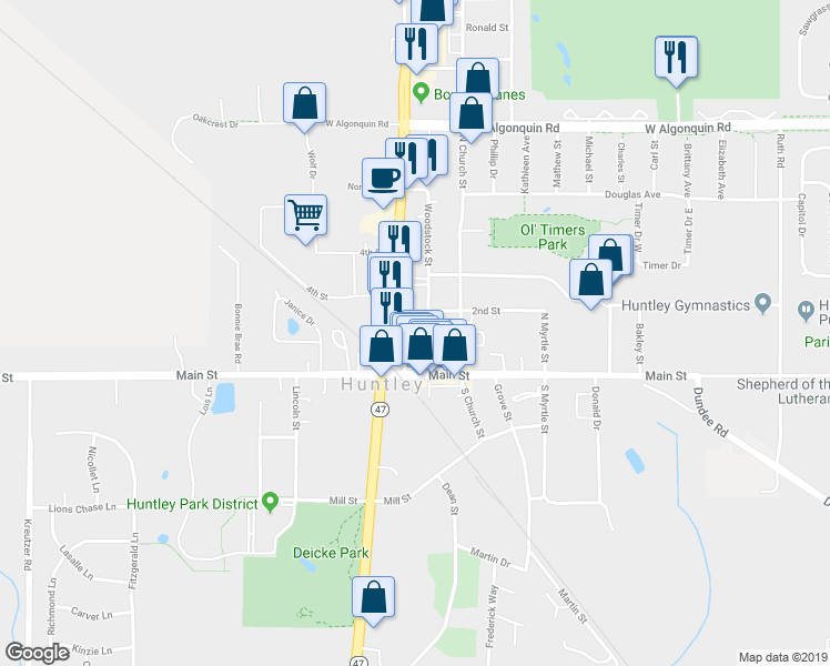 map of restaurants, bars, coffee shops, grocery stores, and more near 11007 Woodstock Street in Huntley