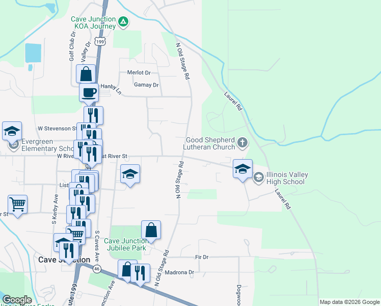 map of restaurants, bars, coffee shops, grocery stores, and more near 212 Honeybee Ln in Cave Junction