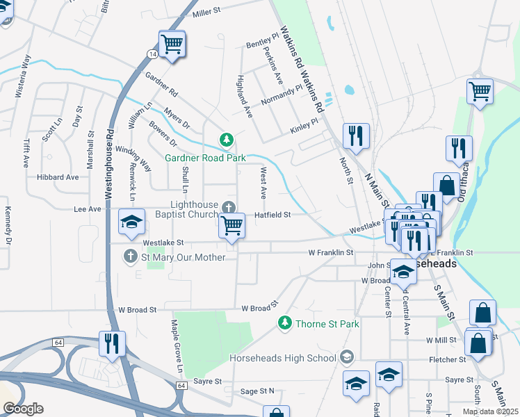 map of restaurants, bars, coffee shops, grocery stores, and more near 606 Hatfield Street in Horseheads