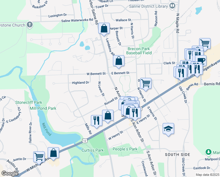 map of restaurants, bars, coffee shops, grocery stores, and more near 313 North Ann Arbor Street in Saline