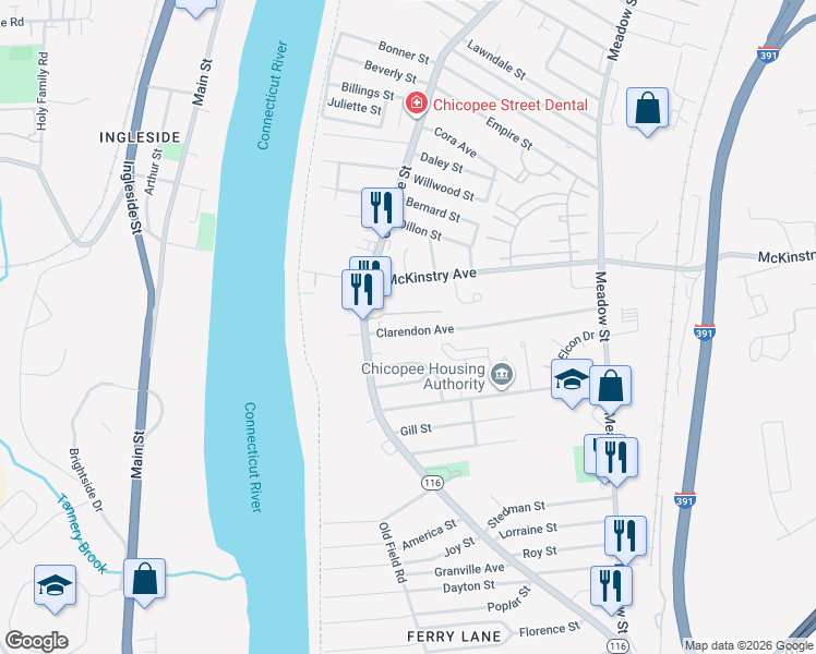 map of restaurants, bars, coffee shops, grocery stores, and more near 42 Clarendon Avenue in Chicopee