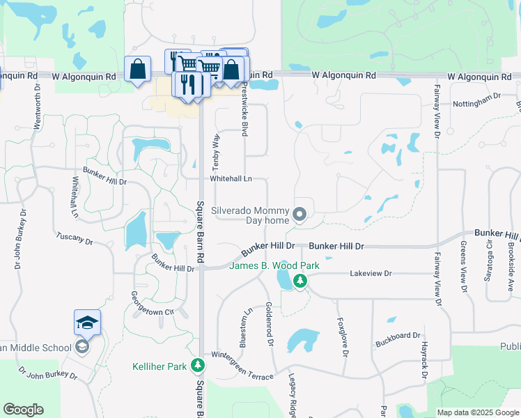map of restaurants, bars, coffee shops, grocery stores, and more near 450 Clover Drive in Algonquin