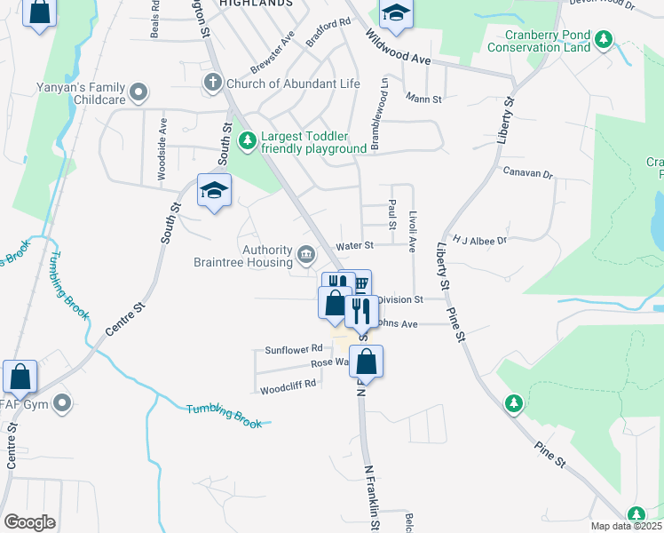 map of restaurants, bars, coffee shops, grocery stores, and more near 2099 Washington Street in Braintree