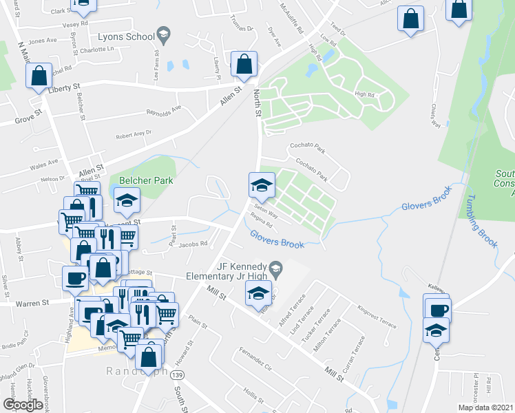 map of restaurants, bars, coffee shops, grocery stores, and more near 22 Seton Way in Randolph