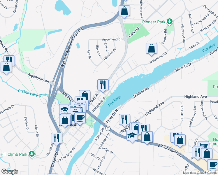 map of restaurants, bars, coffee shops, grocery stores, and more near 404 North Harrison Street in Algonquin