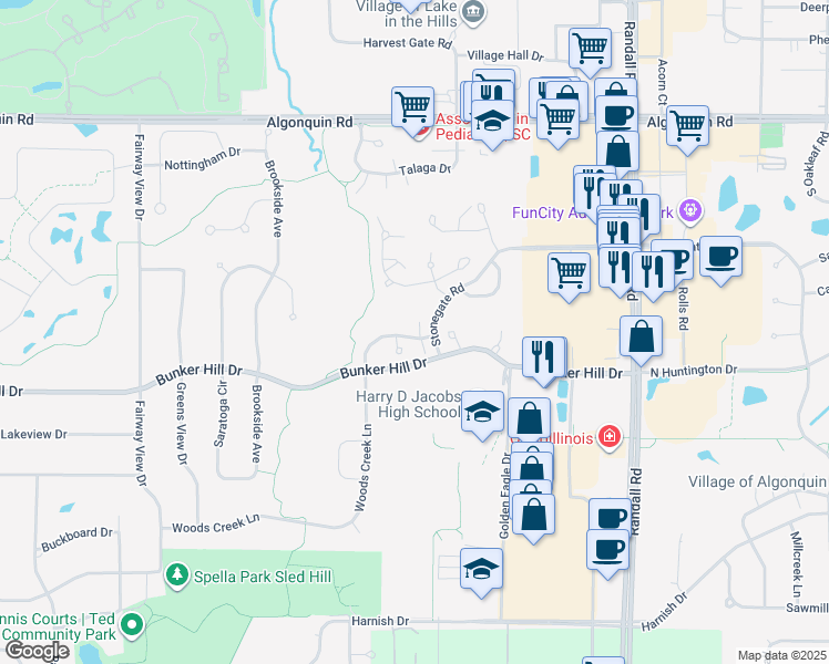 map of restaurants, bars, coffee shops, grocery stores, and more near 548 Woods Creek Lane in Algonquin