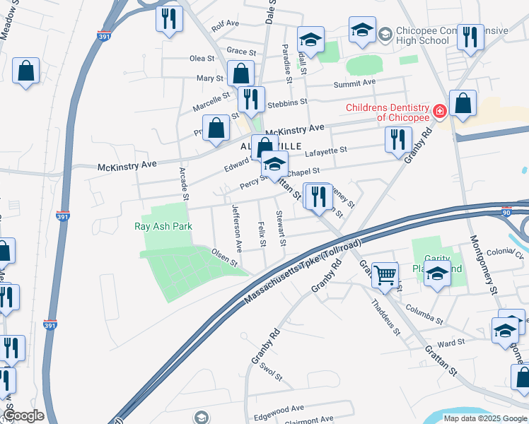 map of restaurants, bars, coffee shops, grocery stores, and more near 25 Felix Street in Chicopee