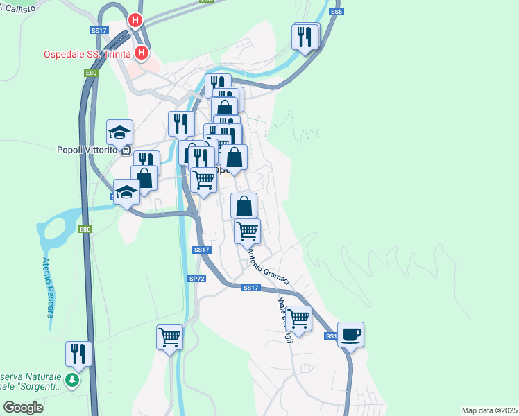 map of restaurants, bars, coffee shops, grocery stores, and more near 5 Vico 2 in Popoli