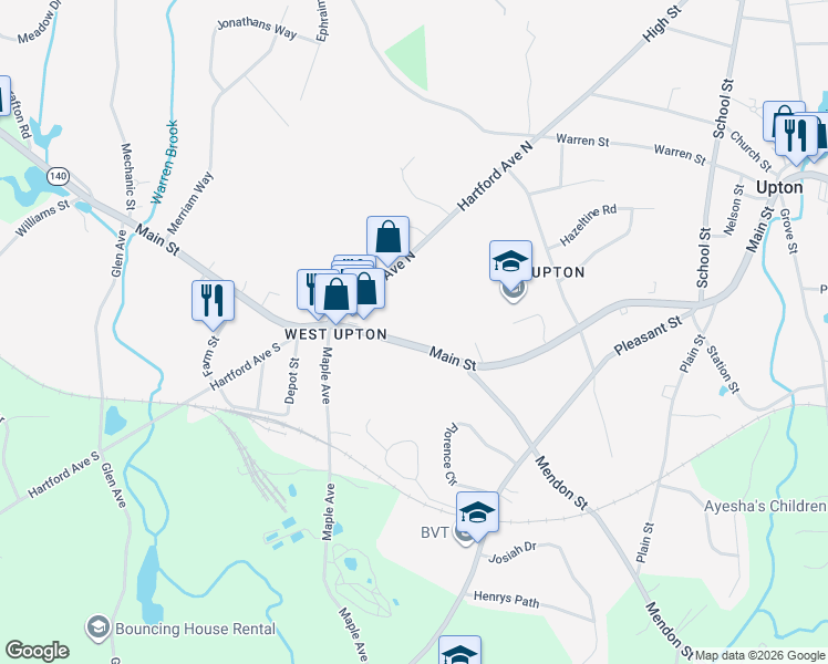 map of restaurants, bars, coffee shops, grocery stores, and more near 99 Main Street in Upton