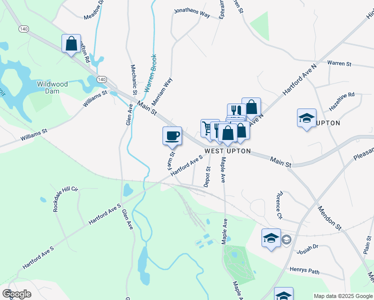 map of restaurants, bars, coffee shops, grocery stores, and more near 132 Main Street in Upton