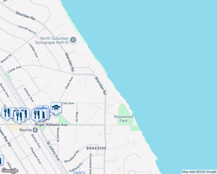 map of restaurants, bars, coffee shops, grocery stores, and more near 933 Sheridan Road in Highland Park