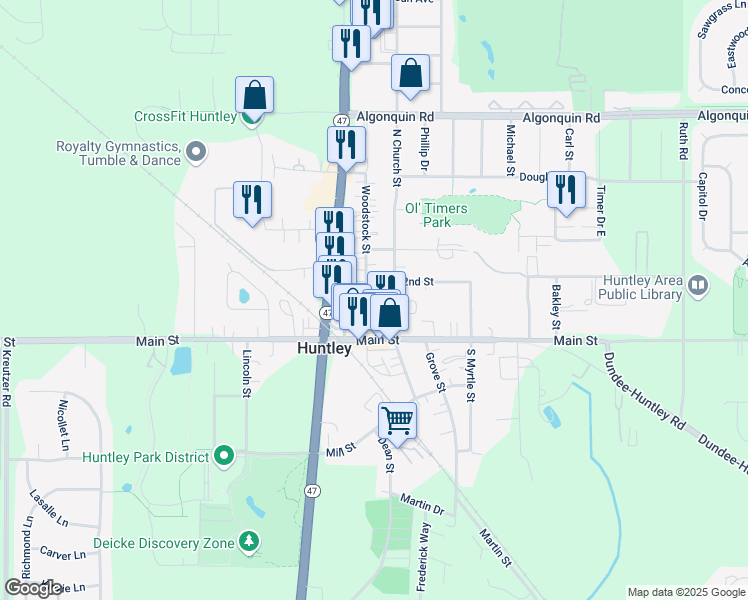 map of restaurants, bars, coffee shops, grocery stores, and more near 11007 Woodstock Street in Huntley