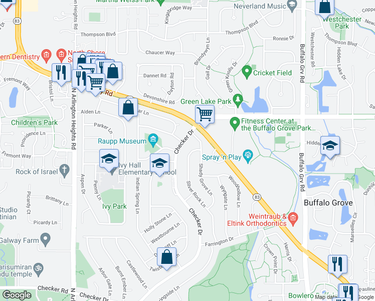 map of restaurants, bars, coffee shops, grocery stores, and more near 871 Silver Rock Lane in Buffalo Grove