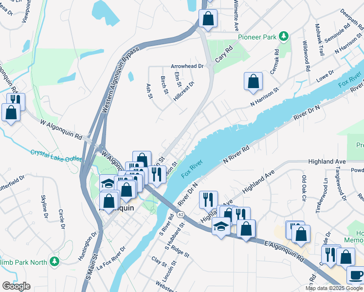 map of restaurants, bars, coffee shops, grocery stores, and more near 400 North Harrison Street in Algonquin