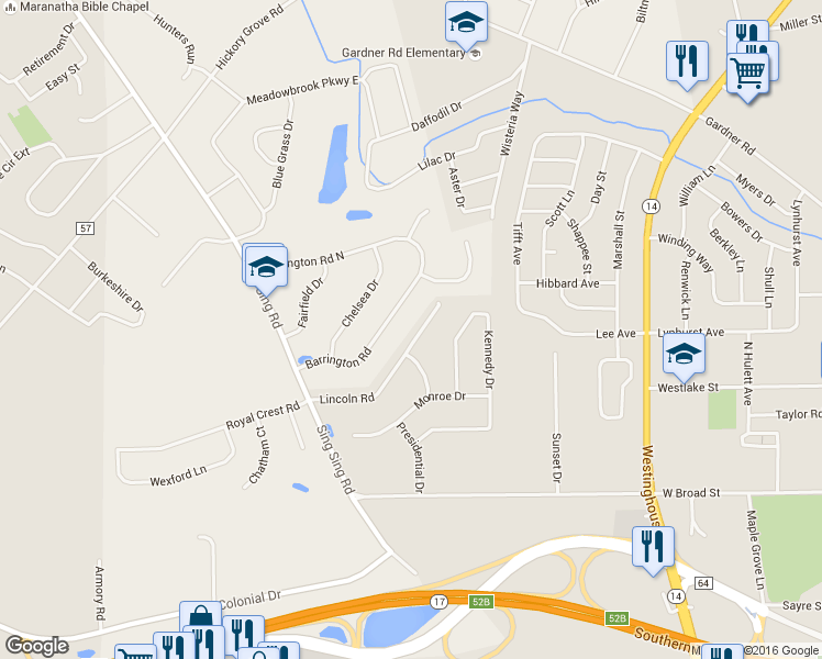 map of restaurants, bars, coffee shops, grocery stores, and more near 205 Lincoln Road in Horseheads
