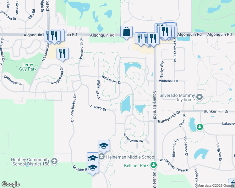 map of restaurants, bars, coffee shops, grocery stores, and more near 4391 Whitehall Lane in Algonquin