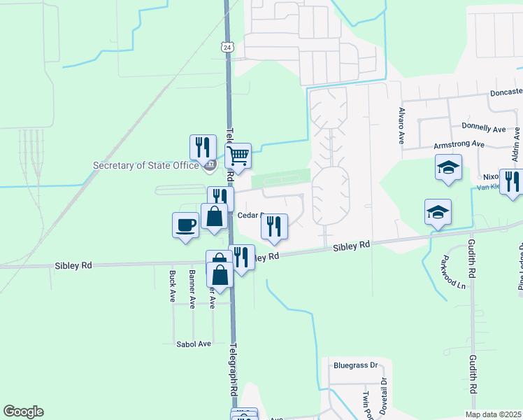 map of restaurants, bars, coffee shops, grocery stores, and more near 23876 Cedar Ridge Drive in Brownstown Charter Township
