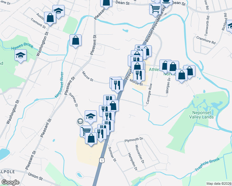 map of restaurants, bars, coffee shops, grocery stores, and more near 1275 Boston-Providence Turnpike in Norwood