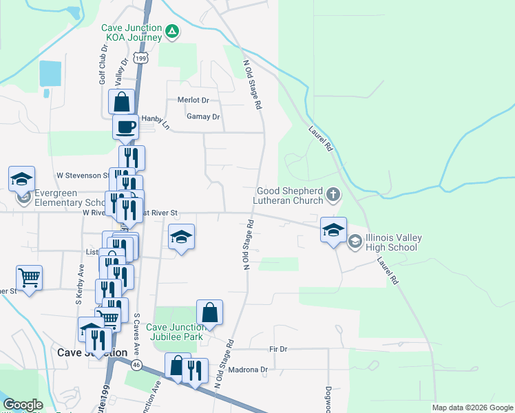 map of restaurants, bars, coffee shops, grocery stores, and more near 212 Honeybee Lane in Cave Junction