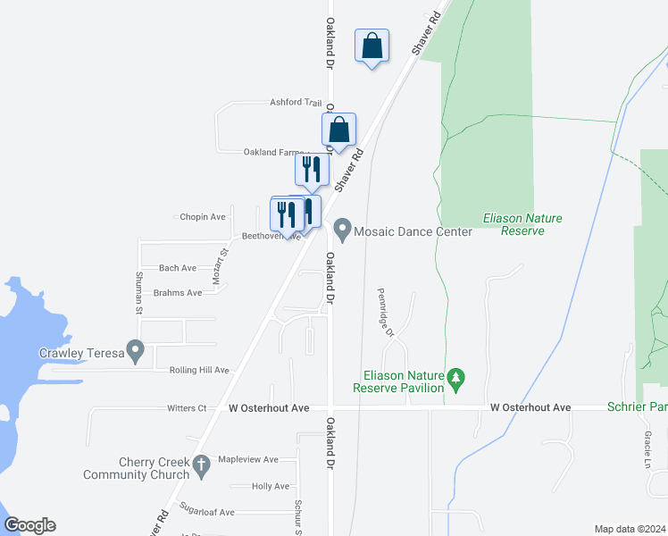 map of restaurants, bars, coffee shops, grocery stores, and more near 10099 Oakland Drive in Portage