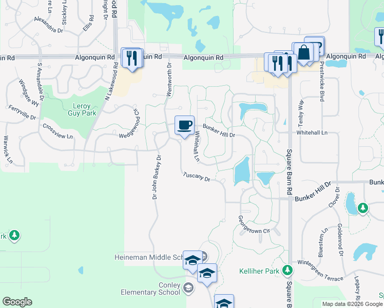 map of restaurants, bars, coffee shops, grocery stores, and more near 4560 Whitehall Lane in Algonquin