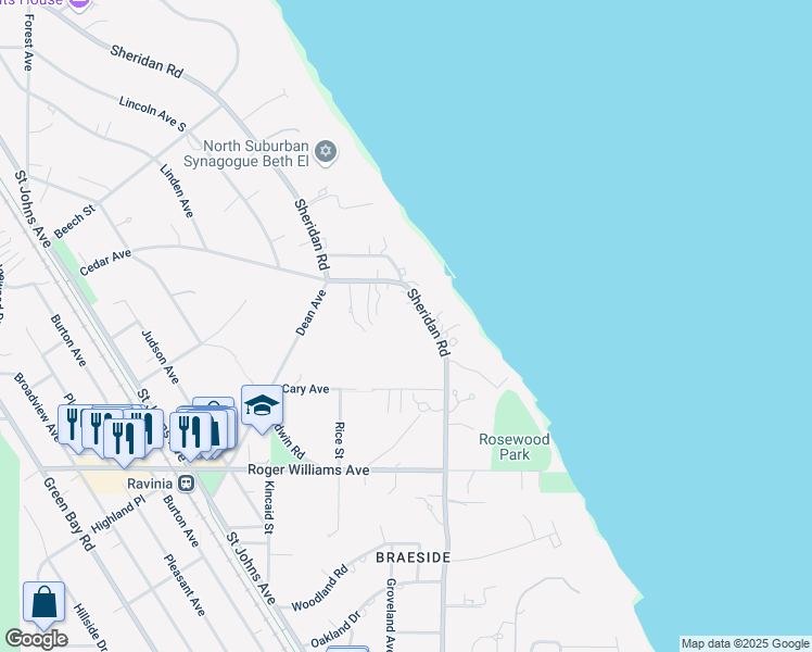 map of restaurants, bars, coffee shops, grocery stores, and more near 970 Sheridan Road in Highland Park