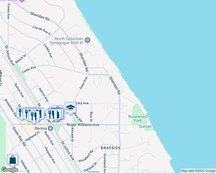 map of restaurants, bars, coffee shops, grocery stores, and more near 970 Sheridan Road in Highland Park