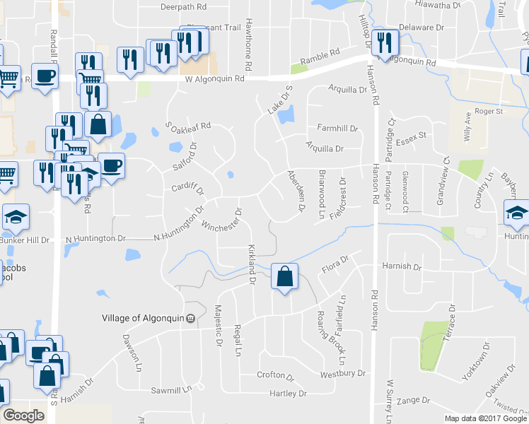 map of restaurants, bars, coffee shops, grocery stores, and more near 385 Aberdeen Drive in Algonquin