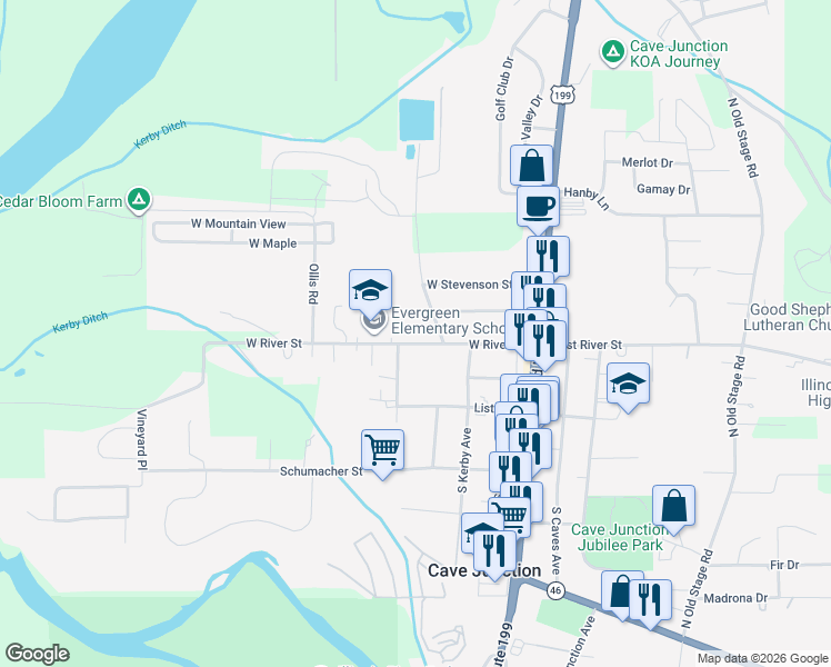 map of restaurants, bars, coffee shops, grocery stores, and more near 410 West River Street in Cave Junction