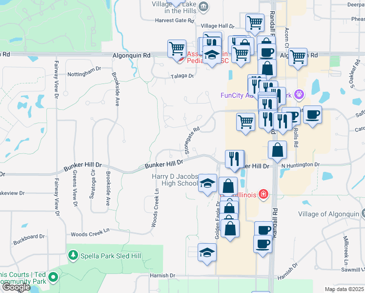 map of restaurants, bars, coffee shops, grocery stores, and more near 548 Woods Creek Lane in Algonquin