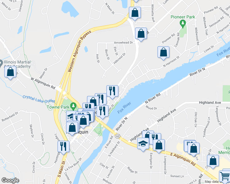 map of restaurants, bars, coffee shops, grocery stores, and more near 321 North Main Street in Algonquin