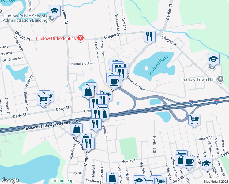 map of restaurants, bars, coffee shops, grocery stores, and more near 456 Center Street in Ludlow