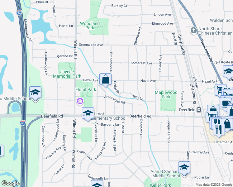 map of restaurants, bars, coffee shops, grocery stores, and more near 916 Cedar Street in Deerfield