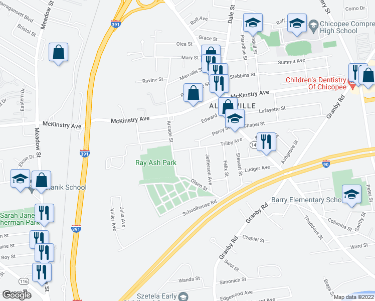 map of restaurants, bars, coffee shops, grocery stores, and more near 143 Trilby Avenue in Chicopee