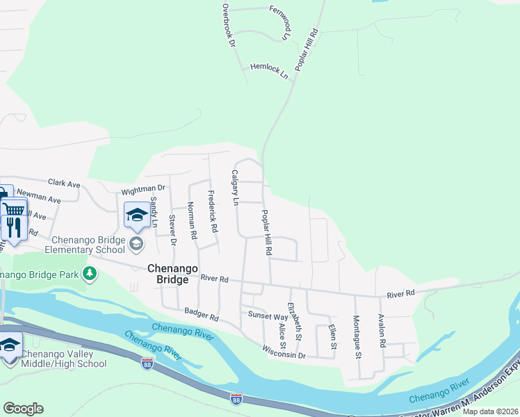 map of restaurants, bars, coffee shops, grocery stores, and more near 28-30 Poplar Hill Road in Binghamton