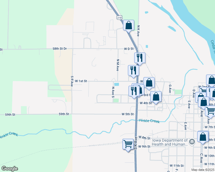 map of restaurants, bars, coffee shops, grocery stores, and more near 1603 West 1st Street in Vinton