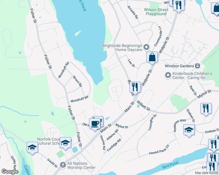 map of restaurants, bars, coffee shops, grocery stores, and more near 180 Main Street in Walpole