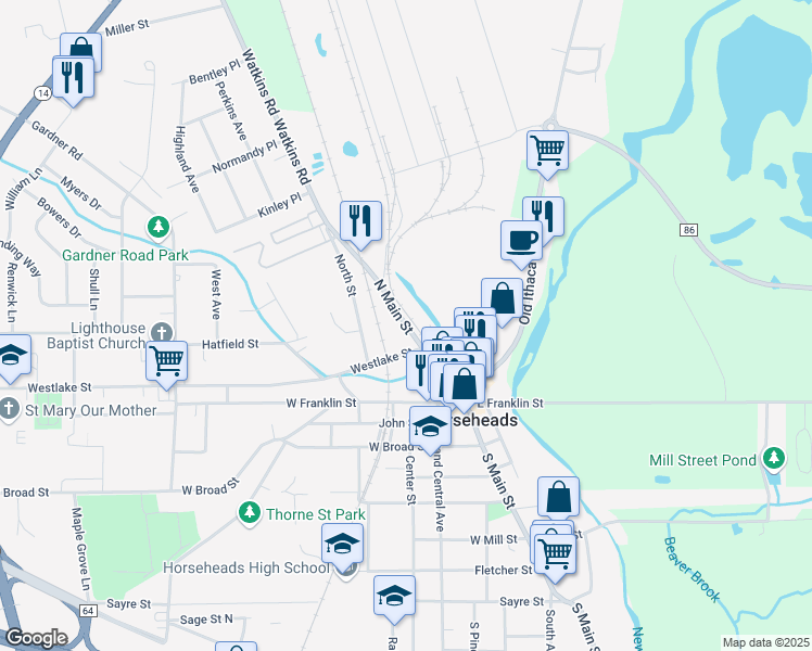 map of restaurants, bars, coffee shops, grocery stores, and more near New York State Bicycle Route 14 in Horseheads